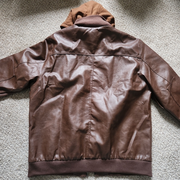 EUC Faux Leather Outdoor Jacket zip up with hoodie - Picture 2 of 5